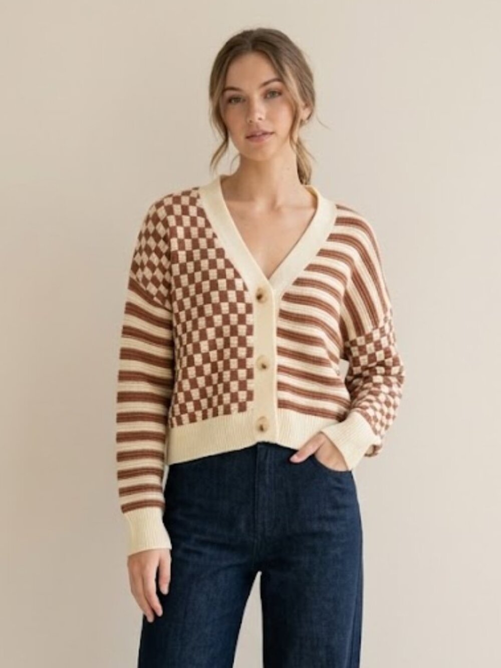 Hem & Thread Large Brown Cream Butter Check Stripe Knit Cardigan Sweater Cozy